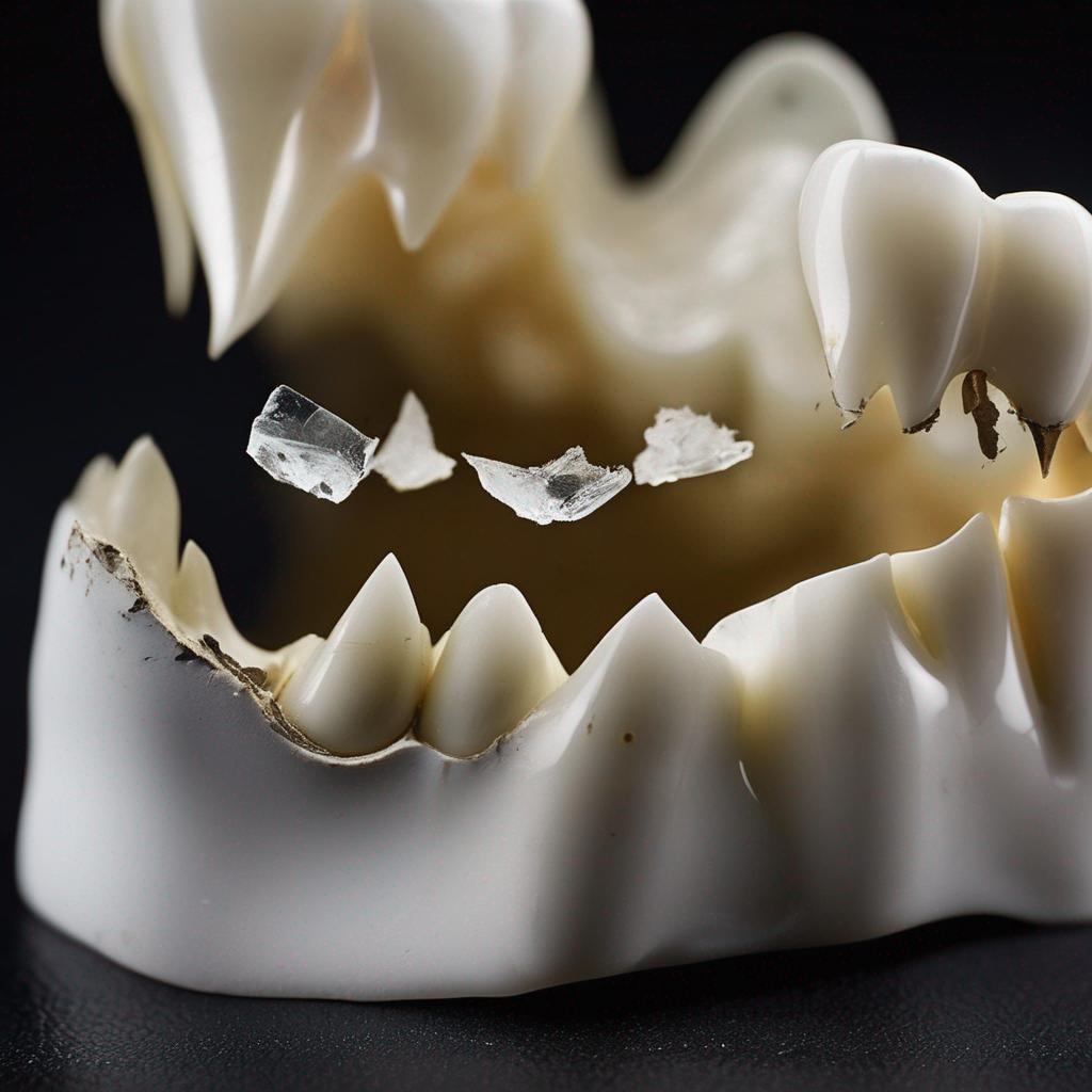 The shattered fragments of a tooth symbolize the hidden anxieties and insecurities that plague our subconscious minds.