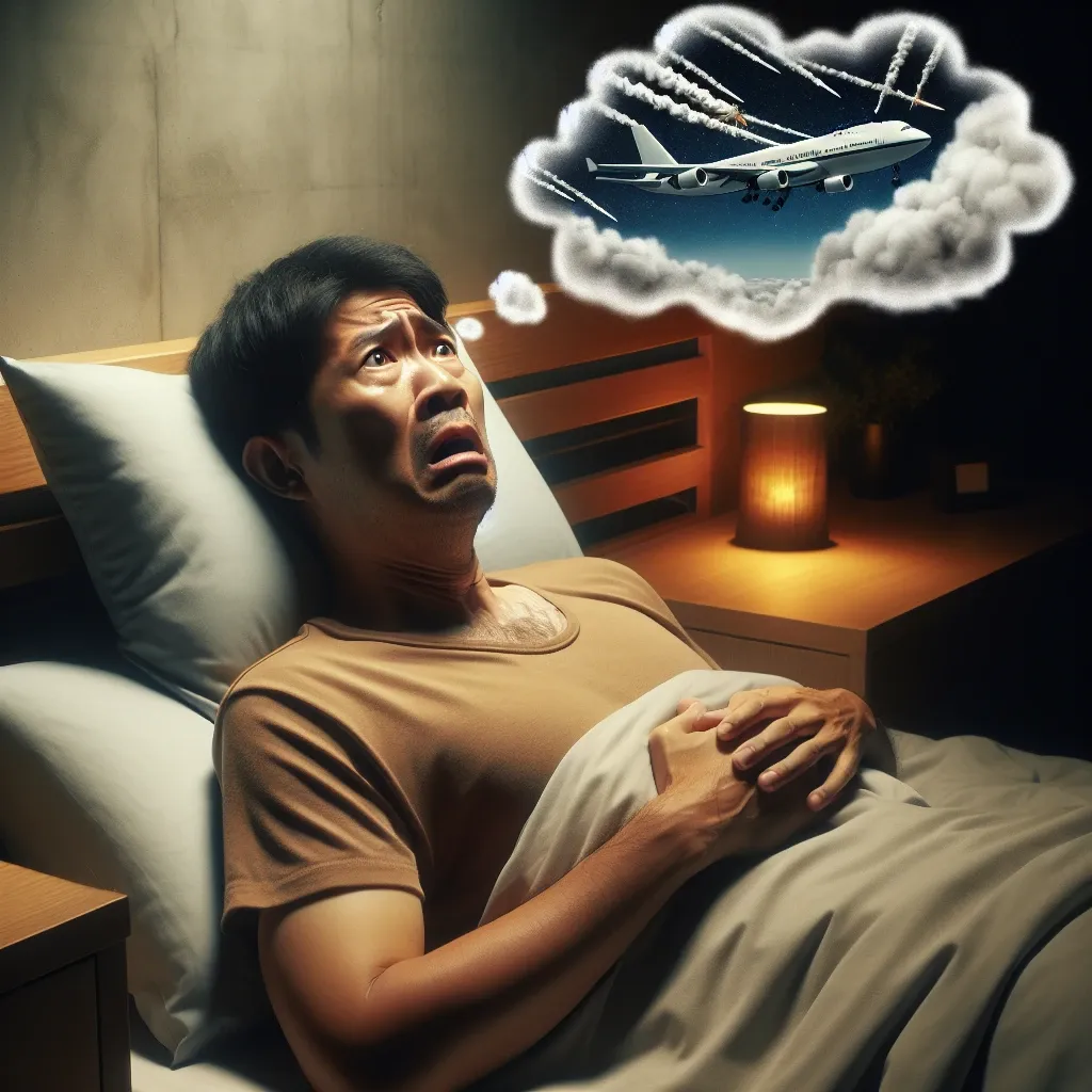 Illustration of a person waking up in a cold sweat after dreaming about witnessing a plane crash
