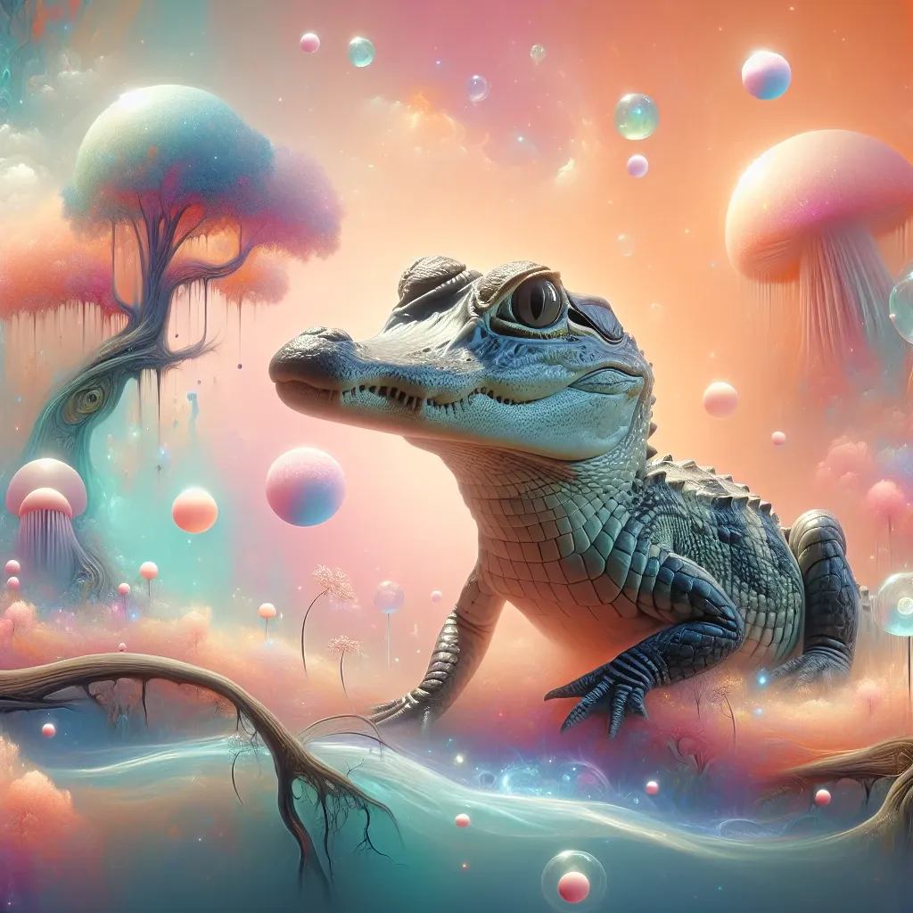 Illustration of a baby alligator in a dreamlike setting