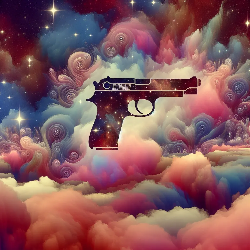 Illustration of a gun in a dreamy landscape