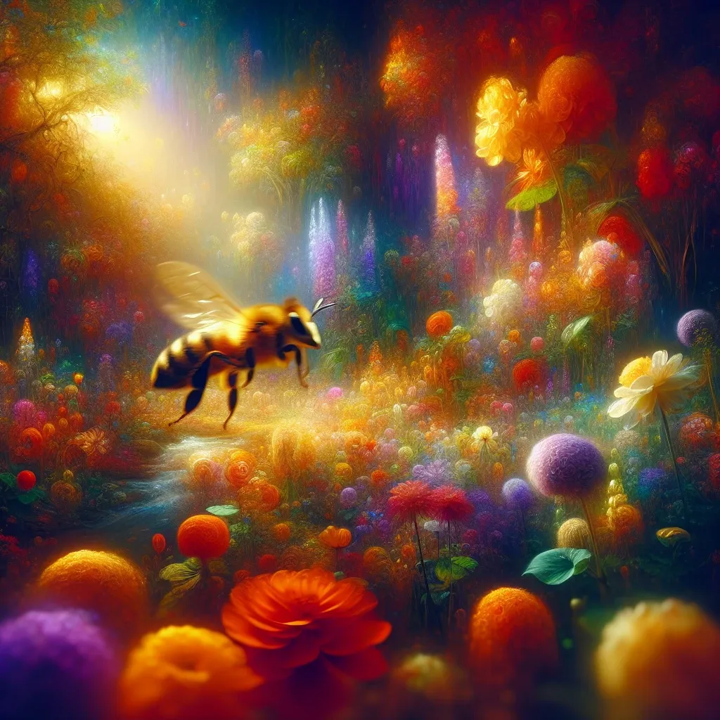 Dreamy image of a bee flying among flowers