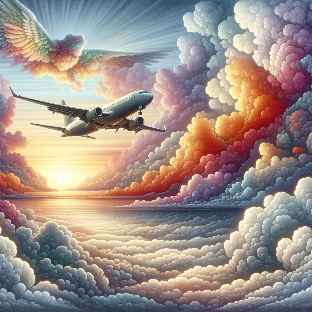 Illustration of an airplane flying high in the sky in a dream
