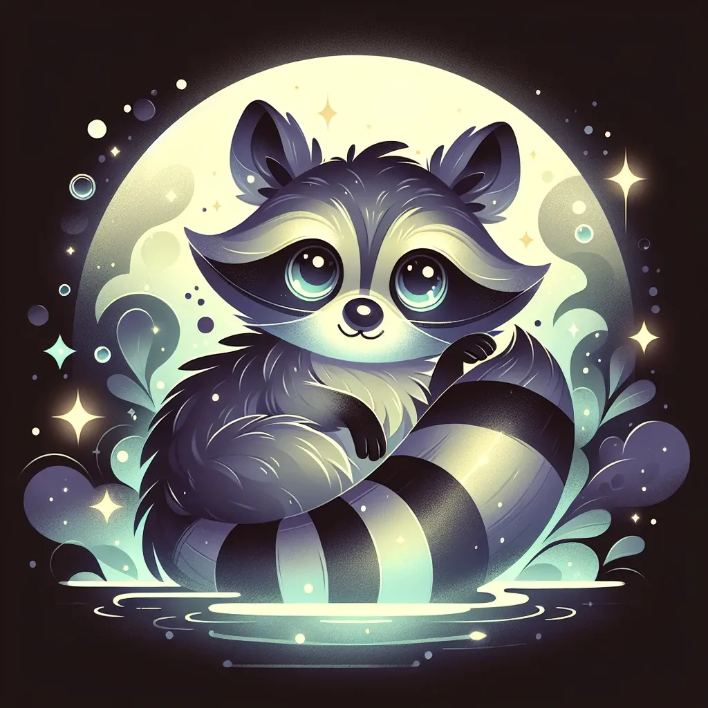 Illustration of a raccoon in a dreamlike setting