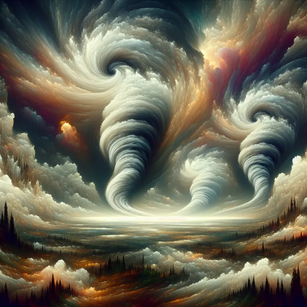 Illustration of multiple tornadoes in a dream landscape