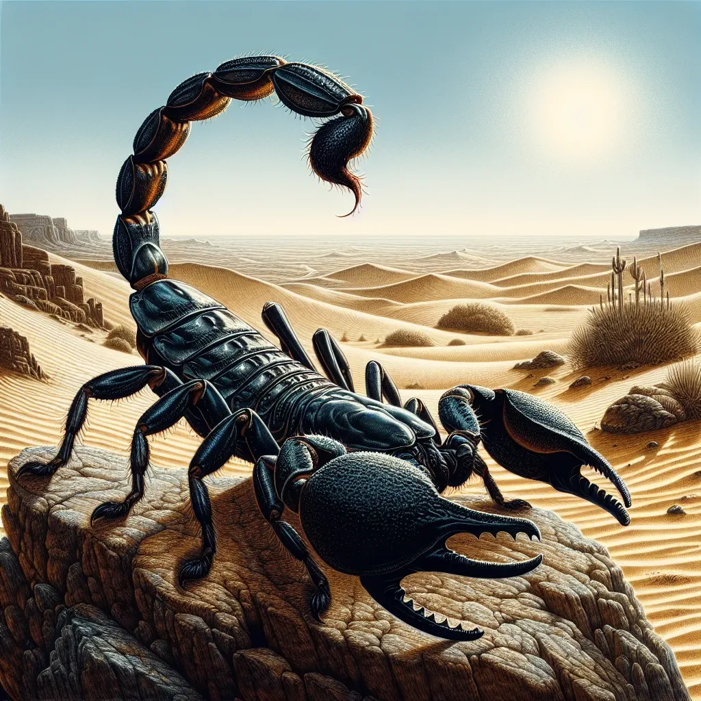 Illustration of a black scorpion in a desert