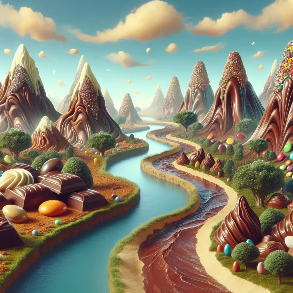 Illustration of a dream landscape with chocolate rivers and candy mountains