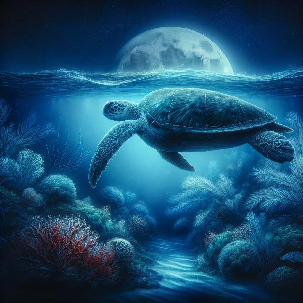 Turtle swimming in the ocean at night